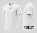 White short-sleeve t-shirt shown from the front and back. The front features the text 'PROCLAIM JESUS' printed in black on the chest, and the side features 'JESUS SAVES' printed in large black capital letters.