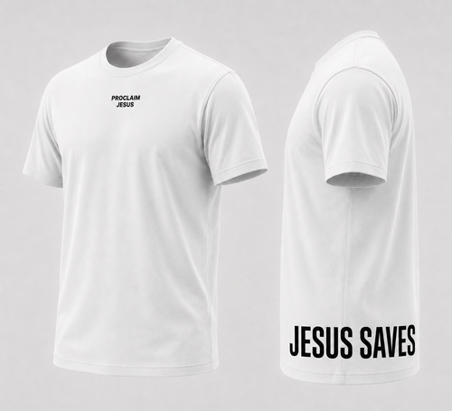 White short-sleeve t-shirt shown from the front and back. The front features the text 'PROCLAIM JESUS' printed in black on the chest, and the side features 'JESUS SAVES' printed in large black capital letters.